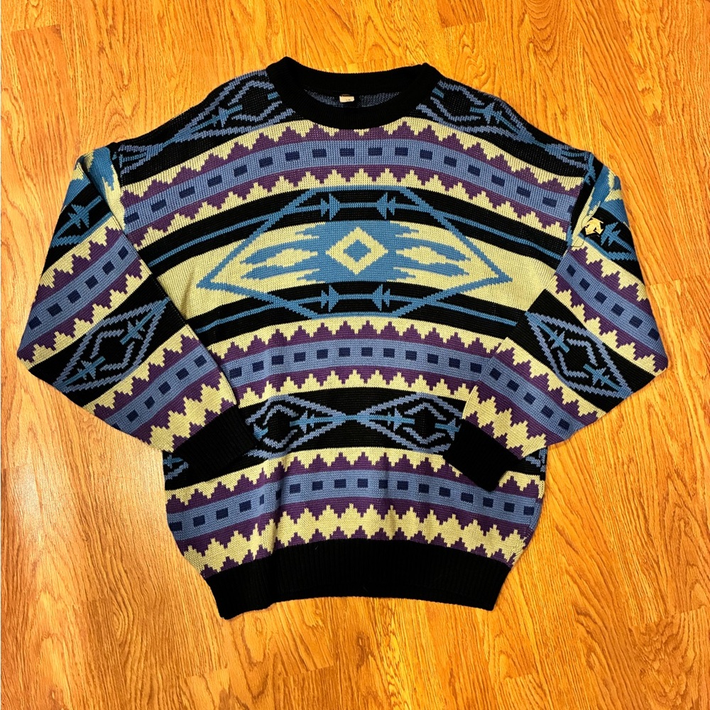 Vintage Men's Geometric Pattern Grandpa Sweater - Blue and Purple size large